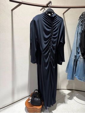 Elegant Ruched Long Sleeve Dress in Navy